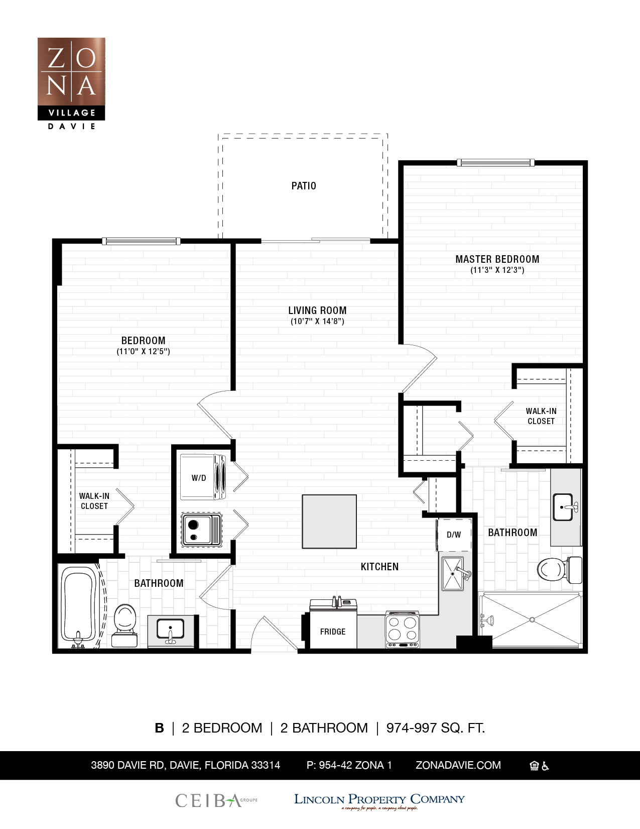 Floor plan for 2 beds, 2 baths, 997 sqft